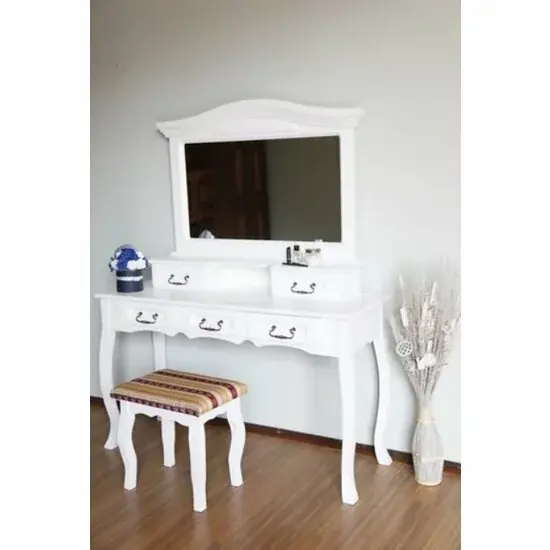 Bestseller Set măsuță toaletă cu 5 sertare, funcțional cu spații multiple, PAL melaminat, 140x50x175 cm, alb crem