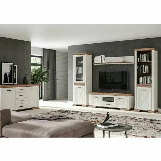 Cumpără acum Living Marsel, Set Modular Cu Vitrină, Comodă RTV, Rafturi Și Spații Depozitare, MDF/PAL, Alb Frasin