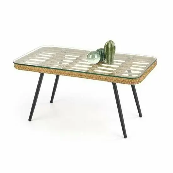 Vezi acum Măsuță cafea Gardena, design modern, rattan sintetic și sticlă, 90x50x40 cm, natur