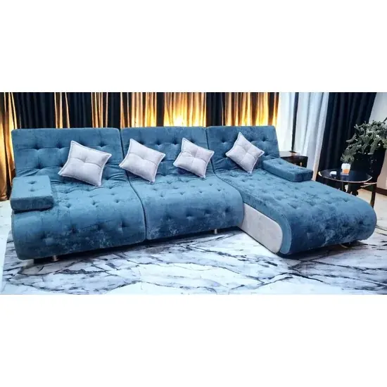 Colțar Cairo, albastru - 300x190 cm ,extensibil, ladă depozitare, tapițerie stofă premium, suprafață dormit mare Ieftin
