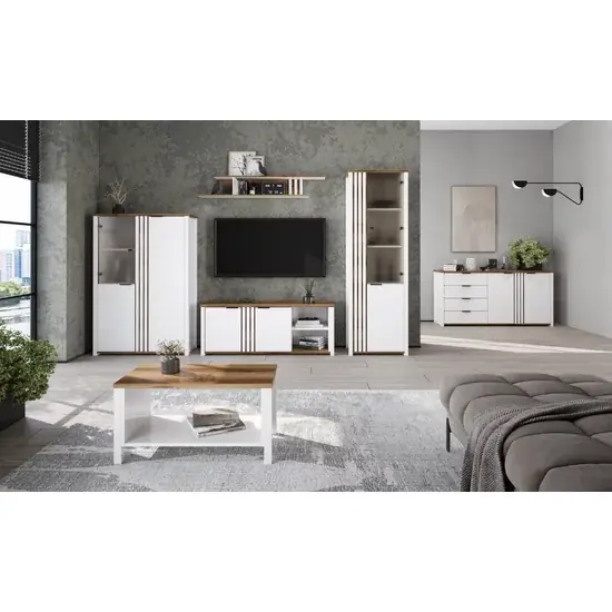 Set living Helix 1, vitrină, comodă TV și spații depozitare multiple, PAL melaminat de calitate, alb/stejar, design modern Ofertă specială