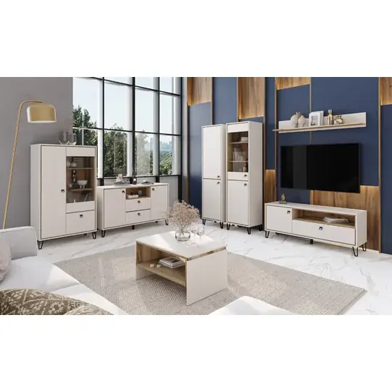 Set living Tirion, vitrine, comode și rafturi suspendate, PAL melaminat rezistent, design contemporan, 320x40x192 cm, finisaj stejar/gri Cumpără online