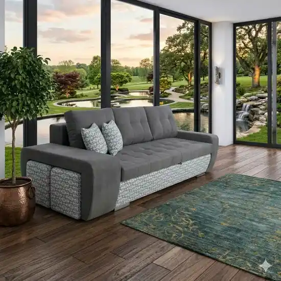 Canapea extensibilă Mara, design modern cu tabureți integrați și ladă de depozitare, burete gros și structură din fag masiv, 250x192 cm, culoare personalizabilă Popular