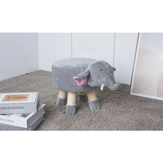 Taburet copii Elefant, tapițat cu material moale și structură din lemn, 38x28x28 cm, gri Cumpără acum