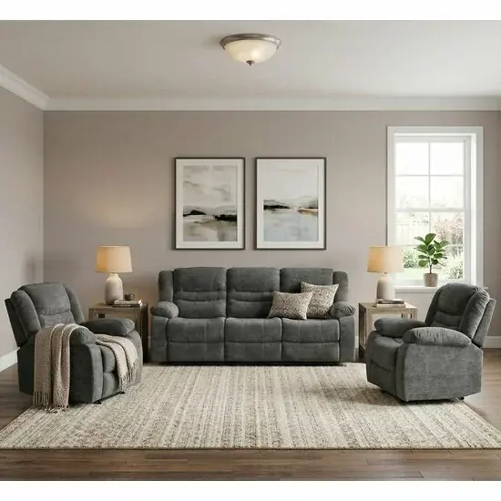 Set canapea recliner Relax 3+1+1, canapea și două fotolii cu funcție de relaxare, tapițerie catifelată, gri Promoție