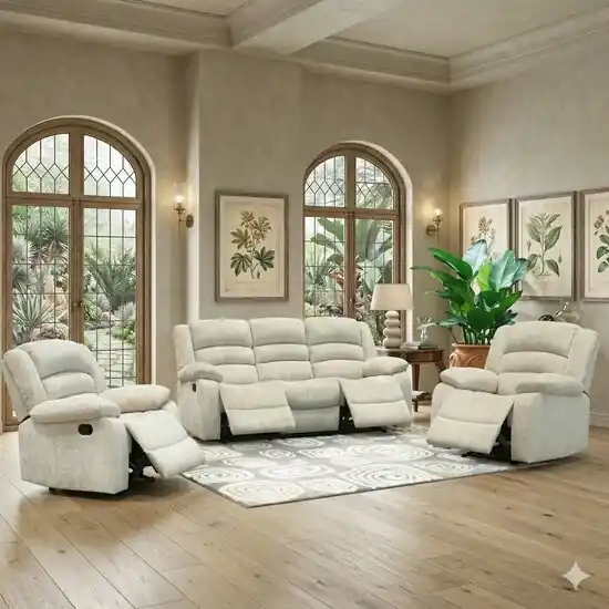 Set recliner Relax 3+1+1, canapea și două fotolii cu funcție de relaxare, tapițerie catifelată, bej Preferatul clienților