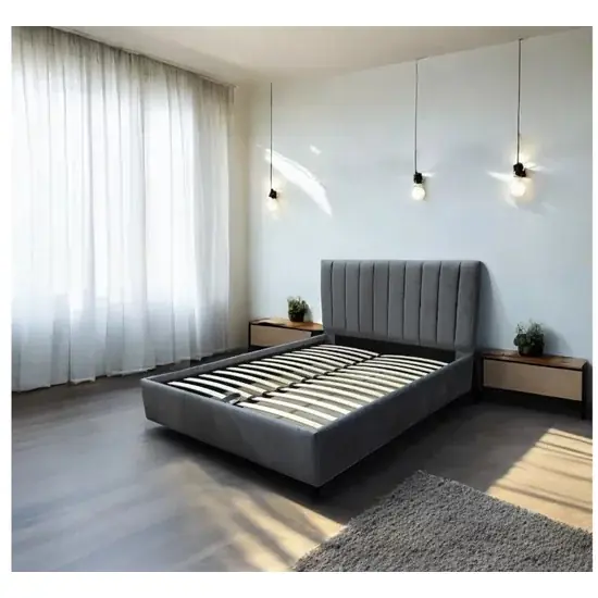 Cumpărături sigure Pat Nisa, gri inchis - 180x200 cm, tăblie capitonată, ladă depozitare, tapițerie stofă premium