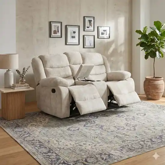 Discount Canapea recliner Relax 2 locuri gri, catifea, suport picioare, pahare și spațiu depozitare, design ergonomic