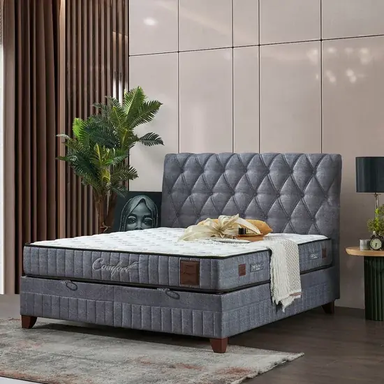 Disponibil imediat Pat + Saltea gratis Comfort, gri - 180x200 cm, ladă depozitare, somieră rabatabilă, topper confort, structură metal + lemn + PAL, tapițerie stofă premium