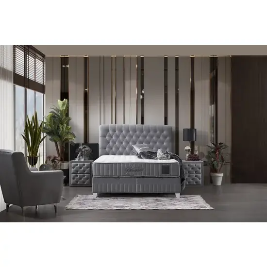 Ultima șansă Pat Sensitive, ladă depozitare + somieră rabatabilă, design tapițat modern, cadru metalic + lemn, 140x200 cm, gri, personalizabil