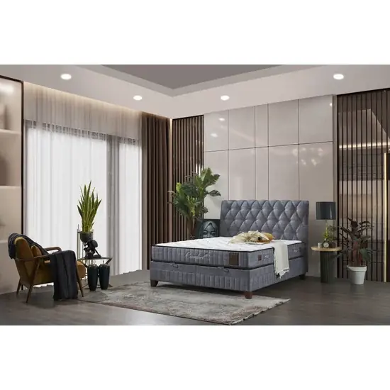 Cumpără acum Pat Comfort, ladă depozitare, somieră rabatabilă, structură metal + lemn + PAL, tapițat cu stofă rezistentă, 180x200 cm, gri