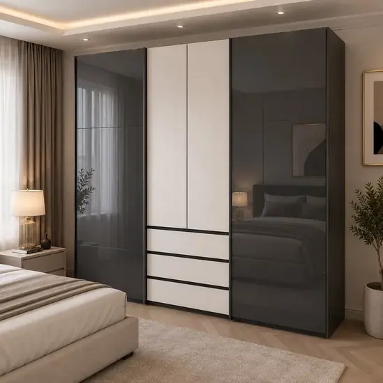 Dulap Fifty - 301X223X60, cu 2 usi culisante negre, 2 usi batante+sertare Cumpără acum