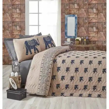 L'essentiel Maison set cuvertura matlasata dubla, bumbac/poliester, 200x220 cm + 2x fata perna 50x70 cm, 270g/m², umplutura 90g/m², albastru/maro deschis - Verificat A · Re-Bloom Discount