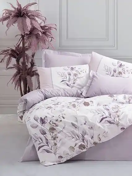 Set husa pilota + fata de perna, bumbac ranforce 100%, 140x200 cm + 60x60 cm, 145 fire, imprimeu pigmentat, nasturi/plic, violet/alb - Verificat A · Re-Bloom Nu rata